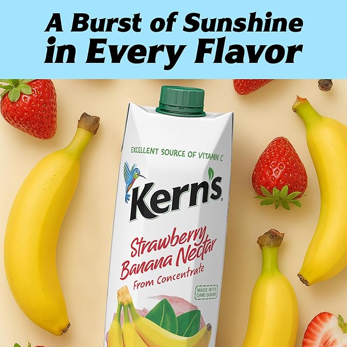 Kern’s Strawberry Banana Nectar Juice - Made with Fresh Fruit Puree - Tropical Fruit Juice Concentrate for Smoothie Mix Cocktail Mixers Kids Drinks &amp Mexican Beverages - 32.4oz 12 Pack Carton