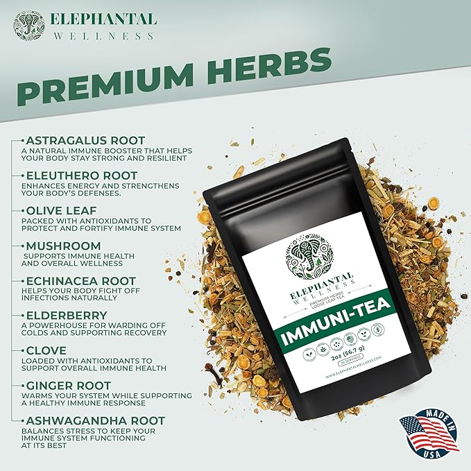 Elephantal Wellness Premium Immuni-Tea | Immune System &amp Respiratory Support with Reishi Clove Echinacea &amp Elderberry | Handmade Caffeine-Free Non-GMO Loose Leaf Blend 2oz 20 Servings