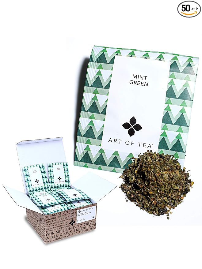 Art of Tea | Organic Mint Green Tea | 50 Count Pyramid Tea Bag Sachets | Spearmint Tea | Organic Peppermint Tea bags