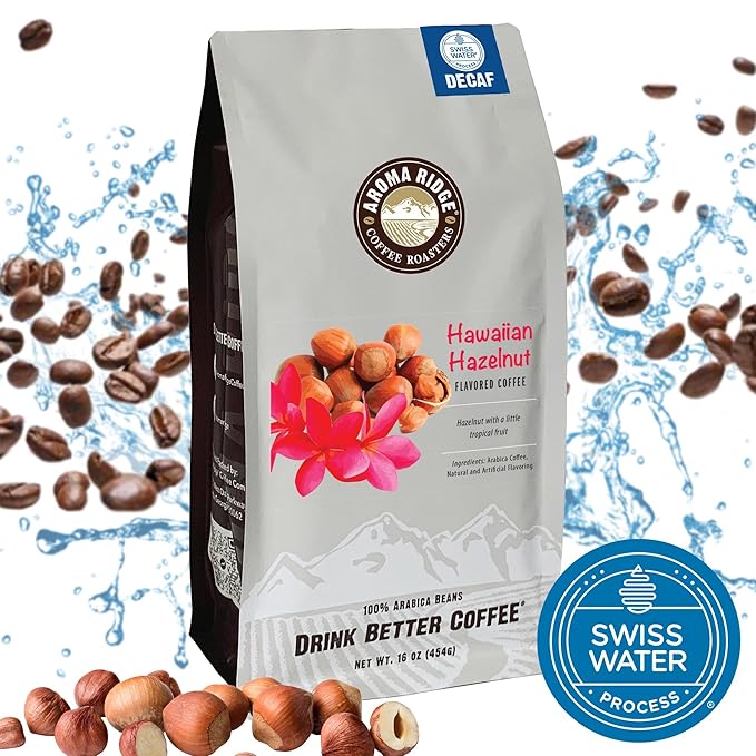 Aroma Ridge Hawaiian Hazelnut Decaf Coffee Swiss Water Process 100% Arabica Beans Medium Roast16 Ounces Whole Bean