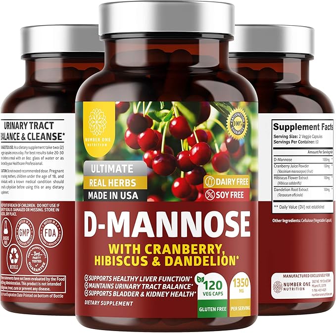 Number One Nutrition Premium D Mannose Supplement for Women and Men [Max Strength 1350MG] Natural D-Mannose with Cranberry Hibiscus and Dandelion for Urinary Tract Health 120 Count