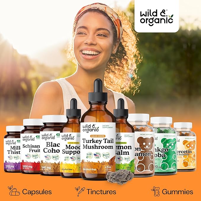 Wild &amp Organic Turkey Tail Mushroom Tincture - Immune Support Drops with Turkey Tail Extract - Liquid Mushroom Supplement for Gut Support - Vegan Sugar &amp Alcohol-Free - 4 fl oz
