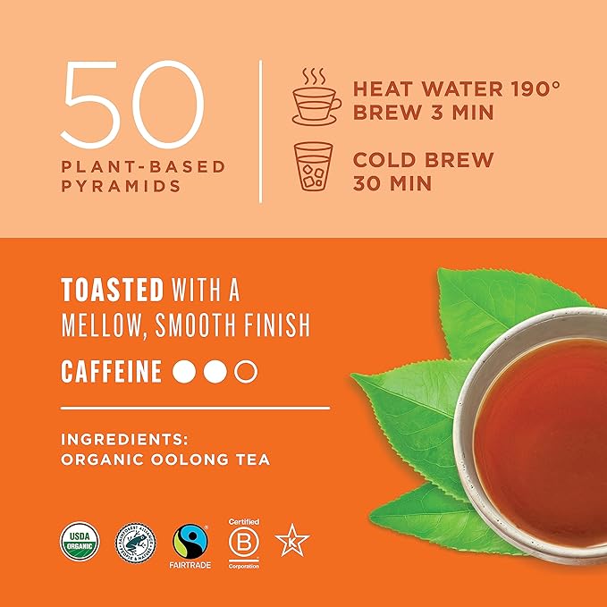 Teatulia Organic Oolong Tea Bags (50 Pyramid Sachet Teabags) Whole Leaf Tea. 100% Compostable And Sustainably Grown In Bangladesh. Best Oolong Tea