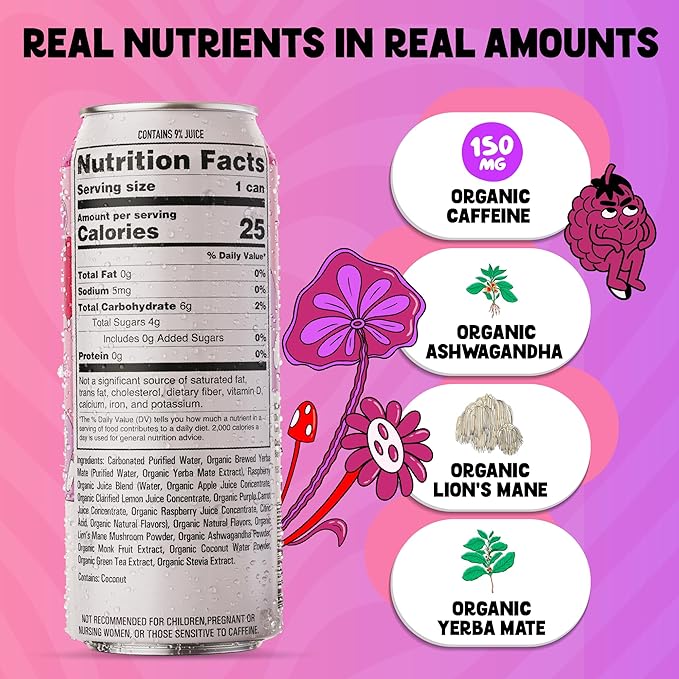 Yerba Mate Energy Drink - Low Sugar Sparkling Tea Cans with Ashwagandha Lion’s Mane USDA Organic Clean Energy Drink with 150mg Natural Caffeine Ola Mate Raspberry