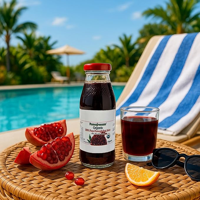 100% Organic Pomegranate Juice 6.7 Oz Glass Bottle (24 Pack) No Sugar No Artificial Colors No Preservatives No Flavors Added Gluten Free and Kosher