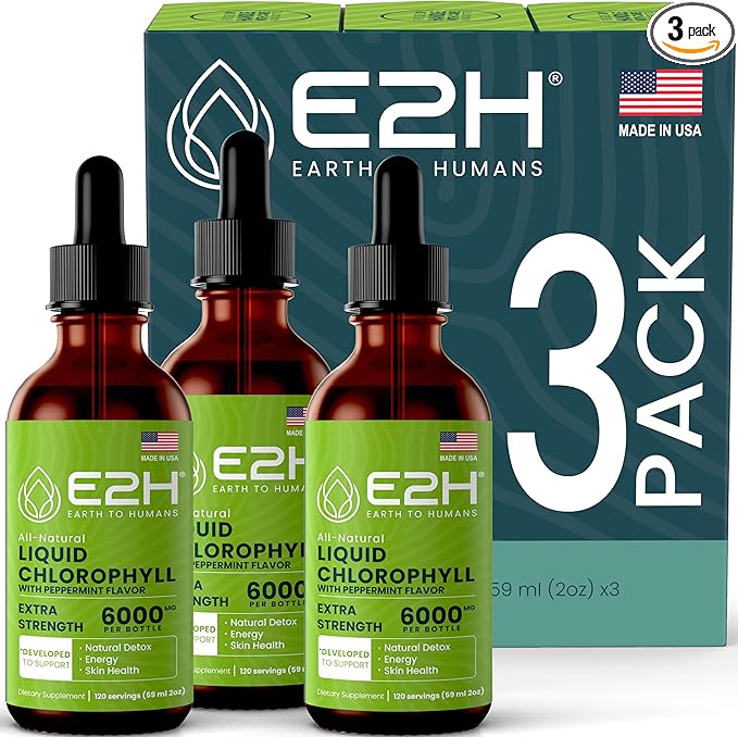 E2H Chlorophyll Liquid Drops - Natural Energy Booster Immune System Support and Internal Deodorant - Peppermint Flavor - (3 Bottles)