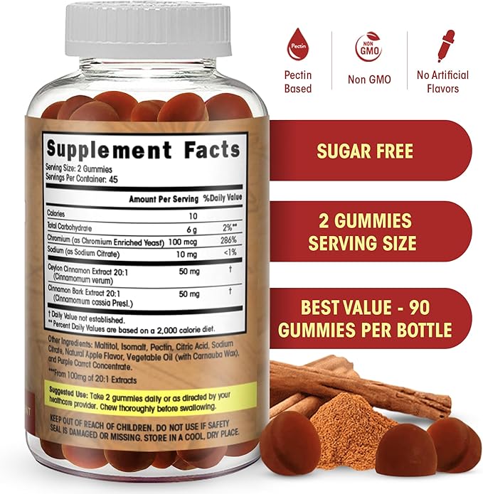 Sugar Free Ceylon Cinnamon Gummies Sugar Regulation Neuroprotective- Supplement with Chromium and Cinnamon Bark- Alternative to Cinnamon Capsules - 90 Chews