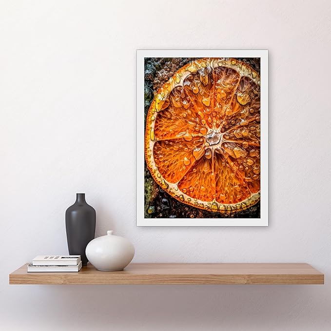Artery8 Orange Slice with Juice Droplets Macro Painting Artwork Framed A3 Wall Art Print