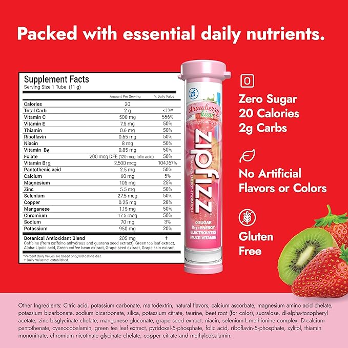 Zipfizz Daily Energy Drink Powder Strawberry Kiwi 20 Pack | 3-in-1 Sustained Energy Rapid Hydration and Essential Vitamins | Sugar-Free | Electrolyte Powder | Contains Vitamin B-12 &amp Antioxida