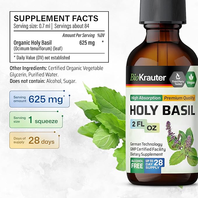BIO KRAUTER® Holy Basil for Calm &amp Relaxation Support - Vegan Holy Basil Supplement 625 mg per Serving for Mood Support - 2 Fl.Oz. 28-Day Supply Alcohol &amp Sugar Free Herbal Adrenal Supplemen