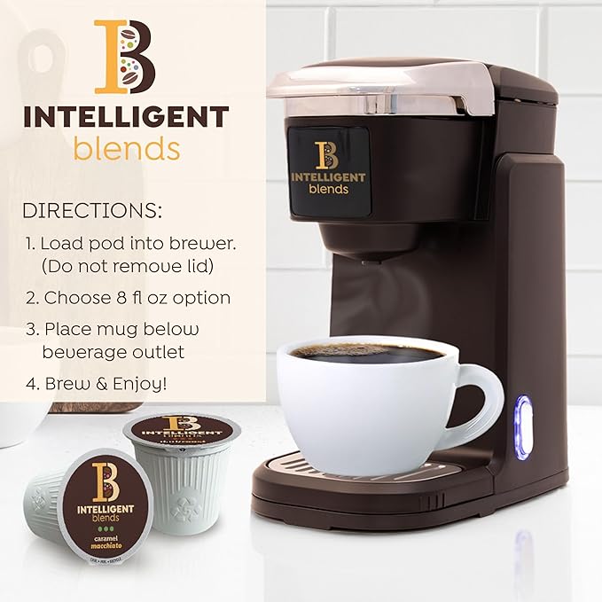 Intelligent Blends Caramel Macchiato Flavored Coffee Pods 100 ct Medium Roast Single Serve Pods – 100% Arabica Coffee Compatible with Keurig K Cups Maker
