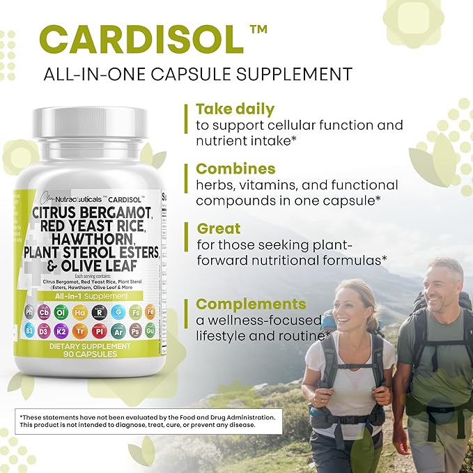 Clean Nutraceuticals Citrus Bergamot Red Yeast Rice Capsules with Plant Sterols - with Hawthorn Extract Olive Leaf Niacin Vitamin K3 D3 COQ10 Guggul &amp More (Pack of 2)
