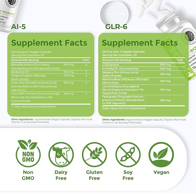 Intestinal Fortitude AI-5 &amp GLR-6 Digestive Health Supplement Bundle w/Glutamine Turmeric Curcumin for Gut Health Capsule Supplement &amp Support Digestive Health Non-GMO Dairy Free - 30-Day