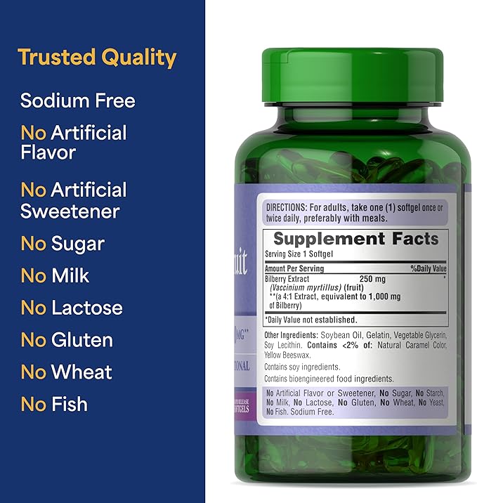 Puritan's Pride Premium Bilberry Fruit Extract 250 mg (1000mg equivalent) 4:1 Concentrated Traditional Herbal Supplement Vitamin C 3 to 6 Month Supply 180 Rapid Release Softgels 2-Pack