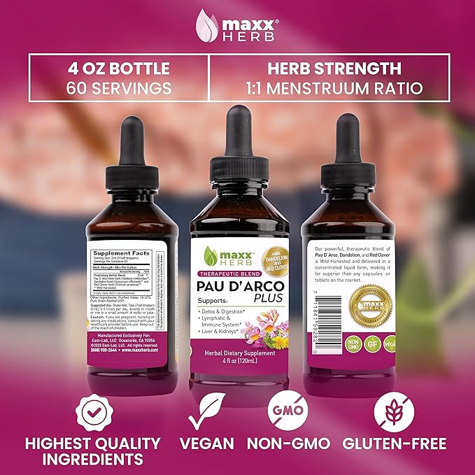 Maxx Herb PAU D’Arco Extract with Dandelion Root &amp Red Clover Therapeutic Blend PAU Darco Tincture Absorbs Better Than Taheebo Tea or Capsules for Immune Support - 4 Oz Bottle (60 Servings)
