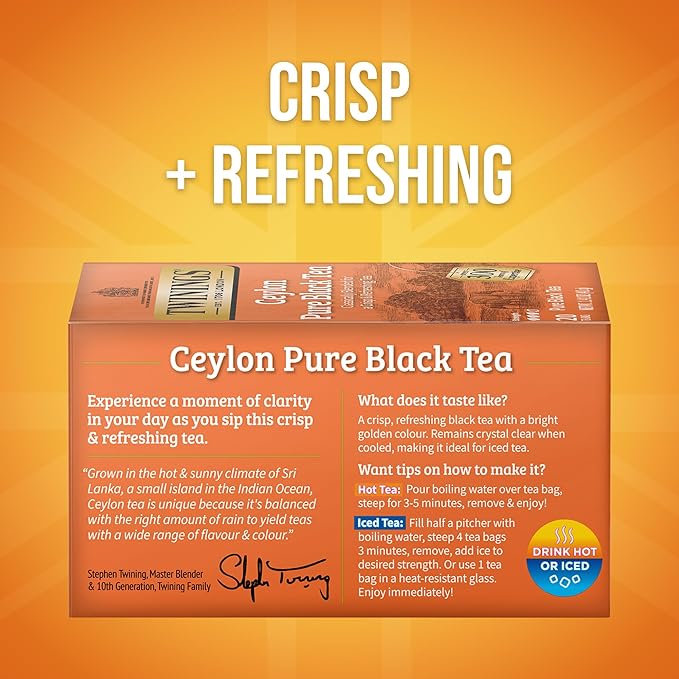 Twinings Ceylon Pure Black Tea Individually Wrapped Bags 20 Count (Pack of 6) formerly Ceylon Orange Pekoe Crisp Refreshing Caffeinated Enjoy Hot or Iced 120 Teabags