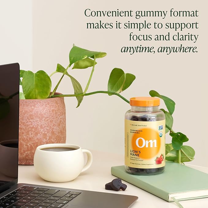 OM MUSHROOM SUPERFOOD Lion’s Mane Mushroom Gummies – USA Grown Organic Lion’s Mane – Supports Memory Focus &amp Cognitive Health – Strawberry Flavor – 30 Servings 60 Count.