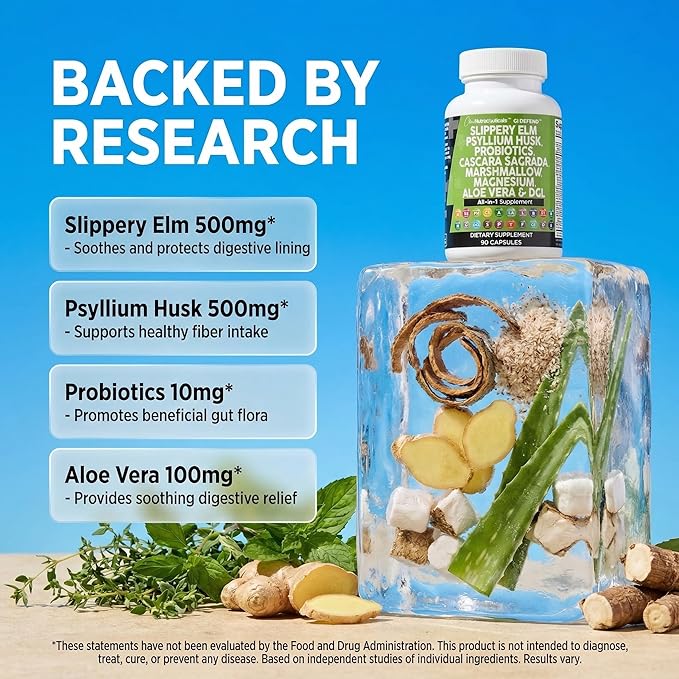 Clean Nutraceuticals Slippery Elm Psyllium Husk Pre Probiotic Digestive Gut Health Supplement with Aloe Vera Cascara Sagrada Marshmallow Root DGL Licorice Senna Extract