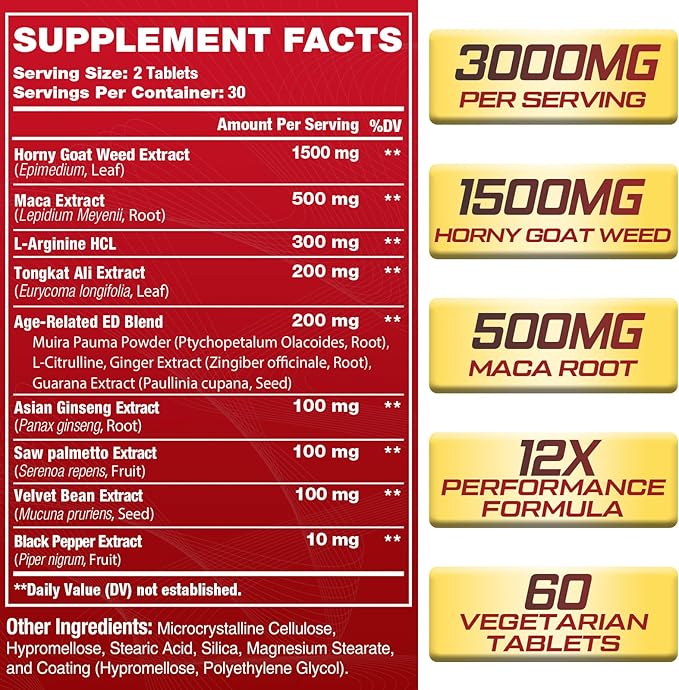 Hornygoatweed for Men 12 in 1 Horny Goat Weed Maximum Strength Male Enhancing Supplement with Maca Root Tongkat Ali Panax Ginseng Saw Palmetto for Hormone Stamina Performance Energy 60 Count