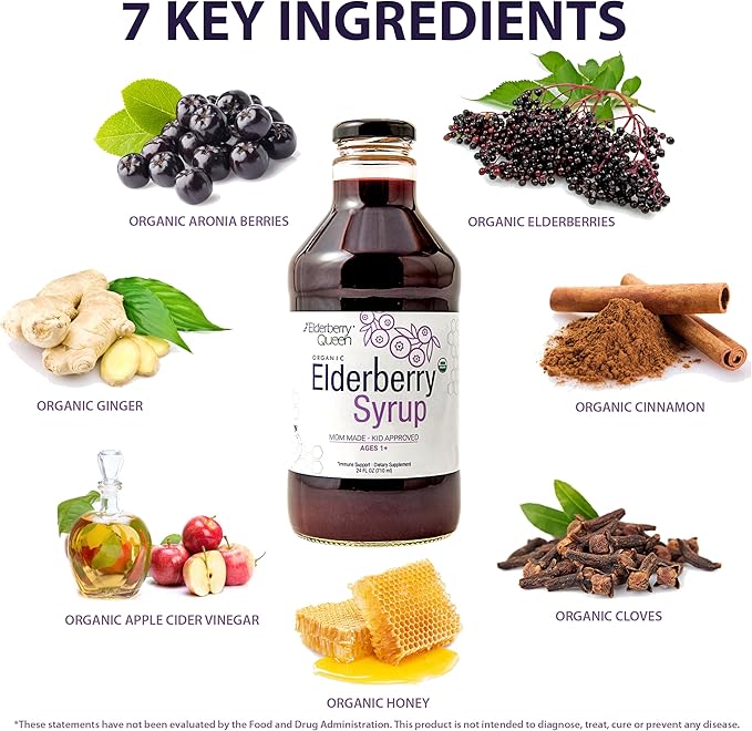 Elderberry Queen Organic Elderberry Syrup 24 Fl Oz - Immune Support Formula with Sambucus Black Elderberry &amp Aronia Berry - Pure Natural Certified Organic Elderberry Syrup for Kids and Adults