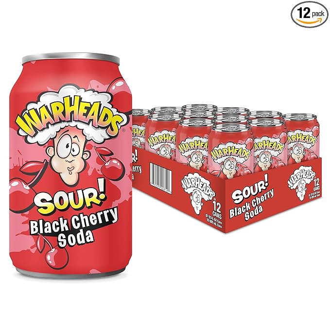 Sour Fruity Soda with Classic Warheads Flavors – Perfectly Balanced Sweet and Sour Soda - Warheads Candy Throwback Treat Soda Cocktail Mixer Pack of 12 12oz Cans (Black Cherry)