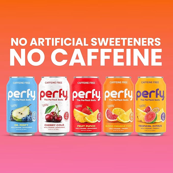 PERFY Caffeine Free Dr. Perfy Soda | Made With Real Fruit Juice - Low Sugar Nootropic Drink with L-Theanine + Ashwagandha | Calming Adaptogen Mocktail | Keto + GLP-1 Friendly | Sweetened with Stevia &