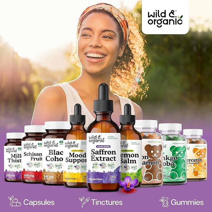Wild &amp Organic Saffron Supplements 88.5 mg - Saffron Drops for Mood Brain Vision Support - Crocus Sativus Liquid Extract - Vegan Sugar &amp Alcohol-Free Tincture - 2 fl oz