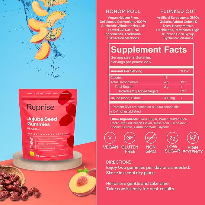 Jujube Seeds in Daily Gummies 300 mg Full-Spectrum Jujube Seeds Supports Relaxation &amp Restful Sleep 100% Plant Based Vegan &amp Gelatin Free Peach Flavored 45 Gummies