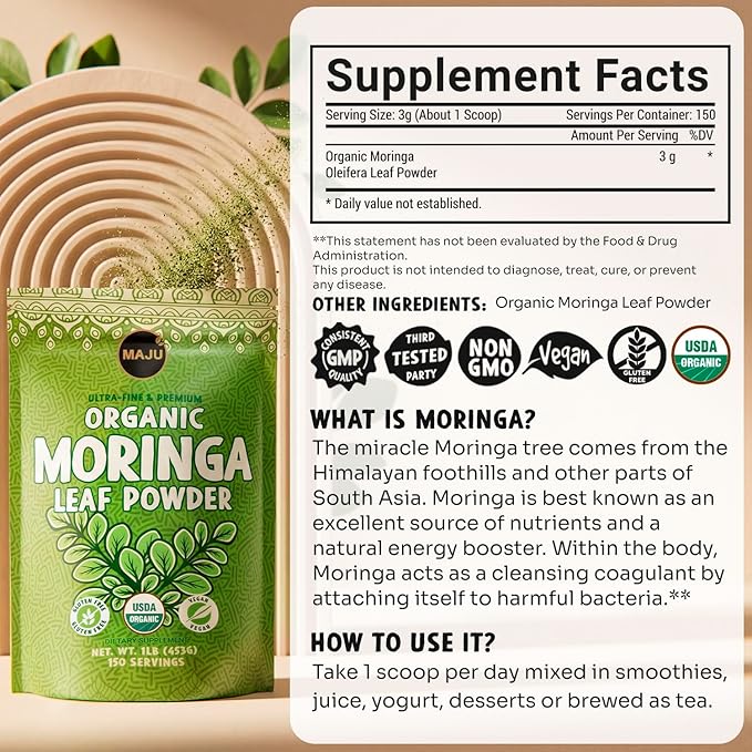 MAJU's Organic Moringa Powder (1 Pound) Oleifera Leaf Extra-Fine Quality Dried Drumstick Tree Leaves For Tea Smoothies Food-Grade