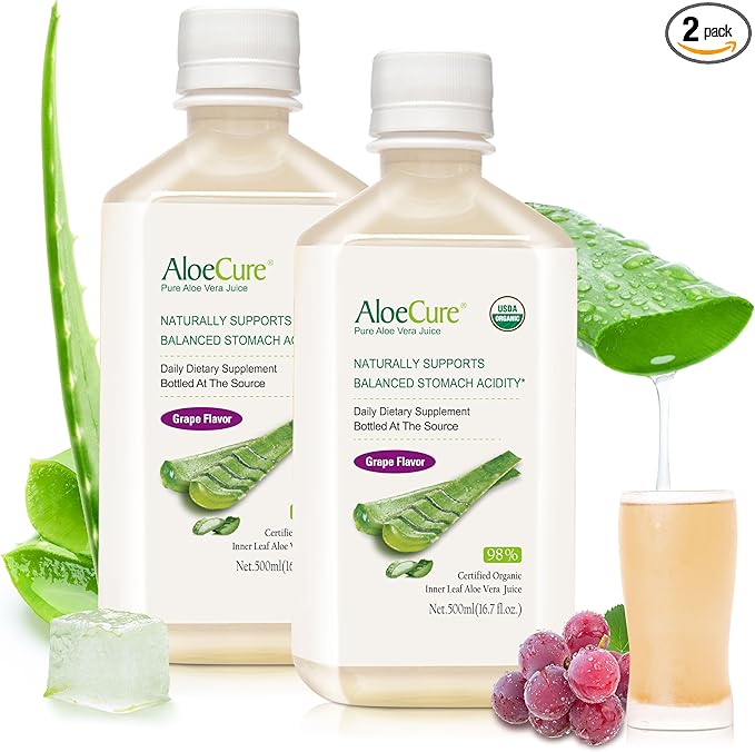 AloeCure USDA Organic Aloe Vera Juice Grape Flavor Made Within 12 Hours of Harvest - Pure Aloe Vera Digestive &amp Immune Health Supplement Helps Maintain Balanced Stomach Acidity 16.7oz x 2 Btls