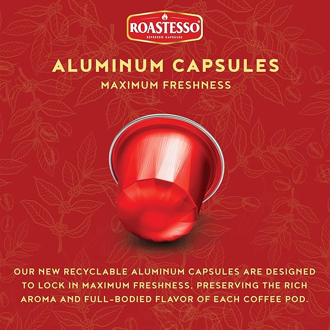 Roastesso Aluminum Espresso Capsules Gourmet Cubanito Cuban Blend Compatible with Nespresso Original Machines Dark Roast Intensity 9 Ristretto Recyclable Coffee Pods Packed in USA (40 Count)