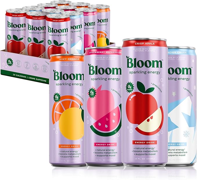 Bloom Nutrition Sparkling Energy Drink - Apple Crisp / Glacier Crush Variety Pack - Natural Caffeine Zero Sugar 180mg Caffeine - Antioxidant-Rich with Green Coffee Bean Green Tea Extract Prebiotic