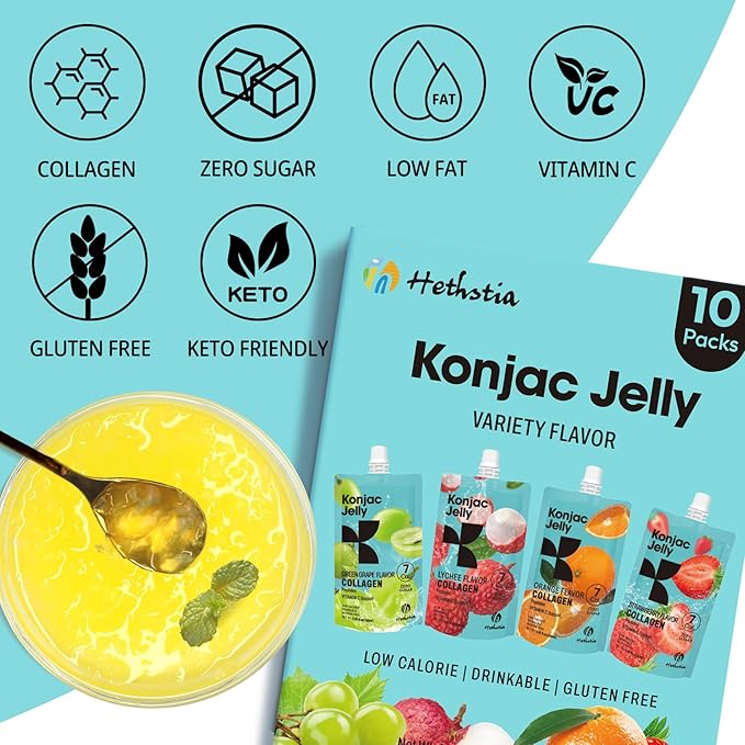 Hethstia Konjac Jelly Collagen Peptides Various Flavors and Konjac Jelly-Mango Flavor Drinkable Snack 10-Pack Squeeze Pouches