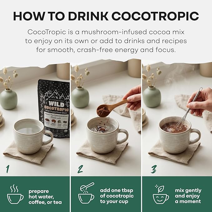 Organic Cocotropic Mushroom Hot Cocoa - Mushroom Coffee Alternative | Sugar Free Hot Chocolate | Organic Cocoa Powder Reishi Mushrooms Chaga Maca Root Turmeric | Delicious Sustained Focus Energy