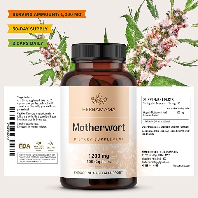 HERBAMAMA Motherwort Capsules – Natural Menopause Supplements* for Women – 1200mg Motherwort Herb Powder per Serving for Women's Mood &amp Calm Support – Vegan Non-GMO – 50-Day Supply