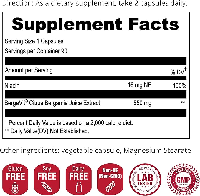 UpNourish BERGAVIT Citrus Bergamot Cholesterol Supplement - Italian Citrus Bergamot Extract 550mg for Women and Men 90 Vegan Capsules