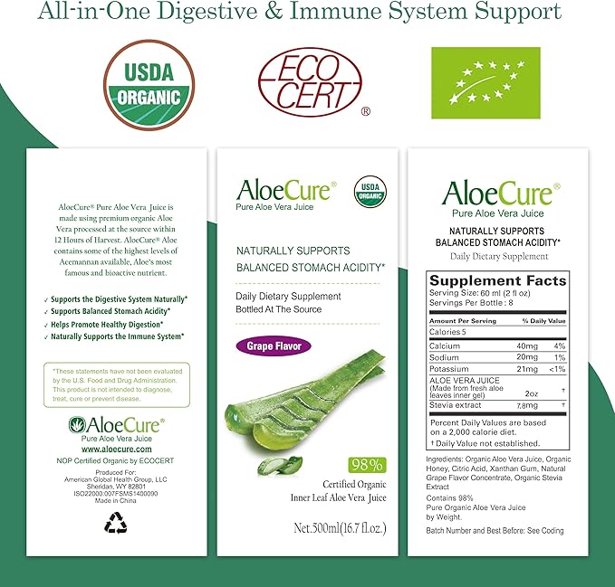 AloeCure USDA Organic Aloe Vera Juice Grape Flavor Made Within 12 Hours of Harvest - Pure Aloe Vera Digestive &amp Immune Health Supplement Helps Maintain Balanced Stomach Acidity 16.7oz x 18 Btls