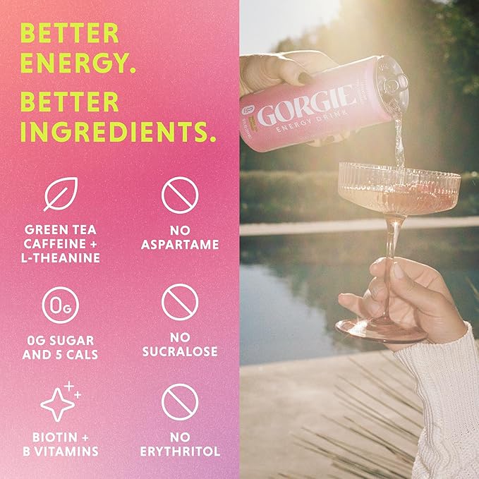 GORGIE Sugar-Free Natural Energy Drinks Pink Lemonade (12 Pack) - Healthy Energy Drink - Natural Coffee Replacement with Green Tea Caffeine and Biotin 150mg Caffeine Vegan Low Calorie