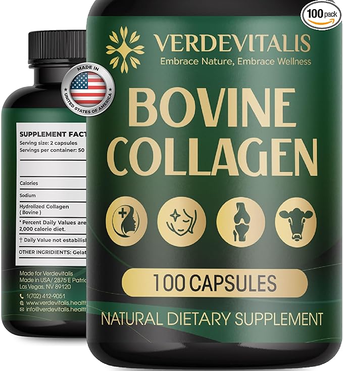 Bovine Collagen Capsules for Men and Women– Type I &amp III for Hair Skin Nails Joints – Non-GMO Made in USA – 100 Capsules