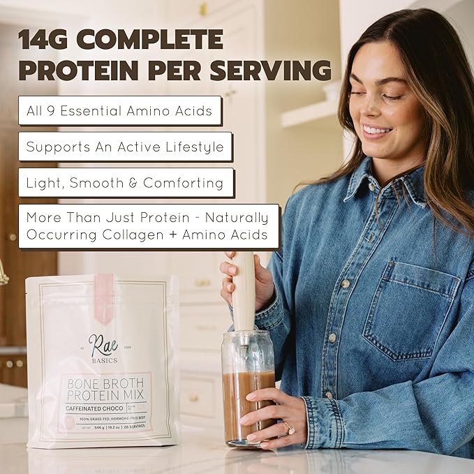 Bone Broth Protein Powder Grass Fed Collagen with 14g Complete Protein &amp 60mg Caffeine Gluten Free Keto &amp Dairy Free Organic &amp Clean Ingredients Caffeinated Chocolate 12 Servings