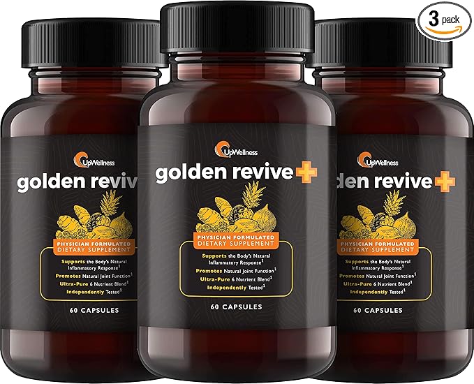 UpWellness Golden Revive + Joint Support Supplement Featuring Turmeric with Black Pepper Quercetin and Magnesium- Turmeric Boswellia Supplement - 6 Active Ingredients - 60 Capsules 3 Pack