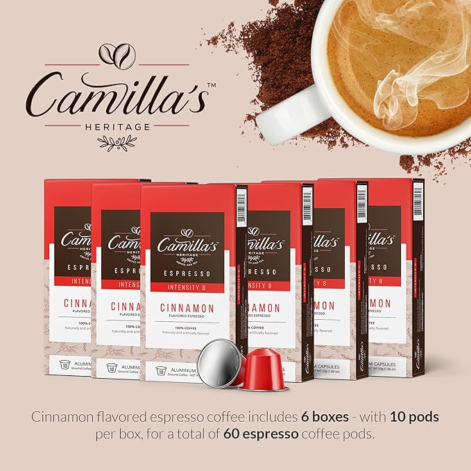 Camilla’s Heritage - Intensity 8 Cinnamon Flavored Espresso Coffee Gourmet Espresso Cups 60 Coffee Pods