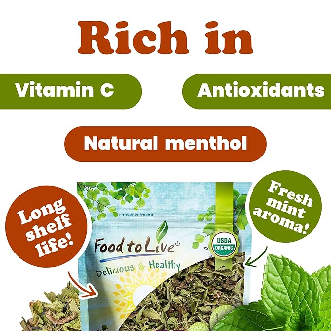 Food to Live - Organic Spearmint Leaves 8 Ounces – Dried Cut &amp Sifted. Great for Herbal Tea. Non-GMO. Caffeine-free. Non Irradiated. Keto.