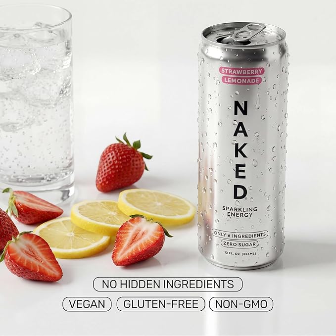 Naked Sparkling Energy Drink - Strawberry Lemonade Organic Caffeine Organic Lemon Juice Zero Sugar No Sucralose Naturally Sweetened Clean Energy Drinks Vegan Gluten-Free Non-GMO - 12oz Cans (