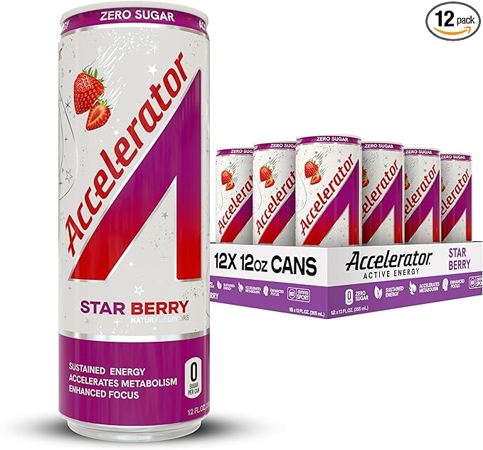 Accelerator Energy Drink Star Berry 12oz can (12 pack) Zero Sugar Sustained Energy from 100% Natural Caffeine (200mg from Green Coffee Bean &amp Green Tea extract)