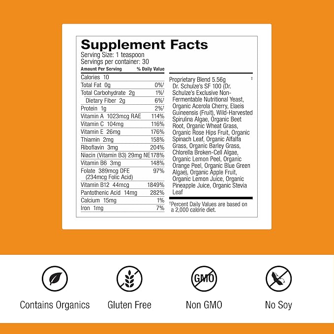 Dr. Schulze's Superfood 100 - Everyday Superfood Supplement to Support Overall Wellness - Multivitamin for Nutrition &amp Energy - Gluten &amp Dairy-Free - Citrus Pineapple Flavor Powder - 30 Servin