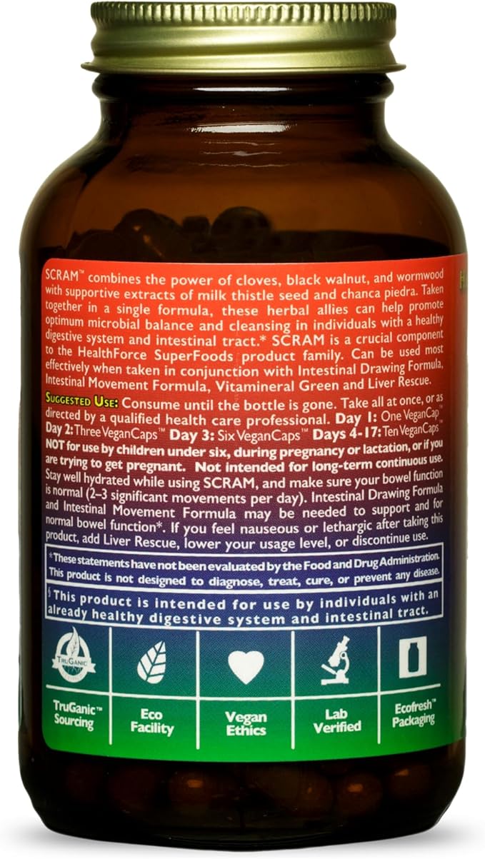HEALTHFORCE SUPERFOODS Scram - Herbal Supplement with Milk Thistle Wormwood &amp Black Walnut - Digestion Support Capsules - 150 Vegan Capsules