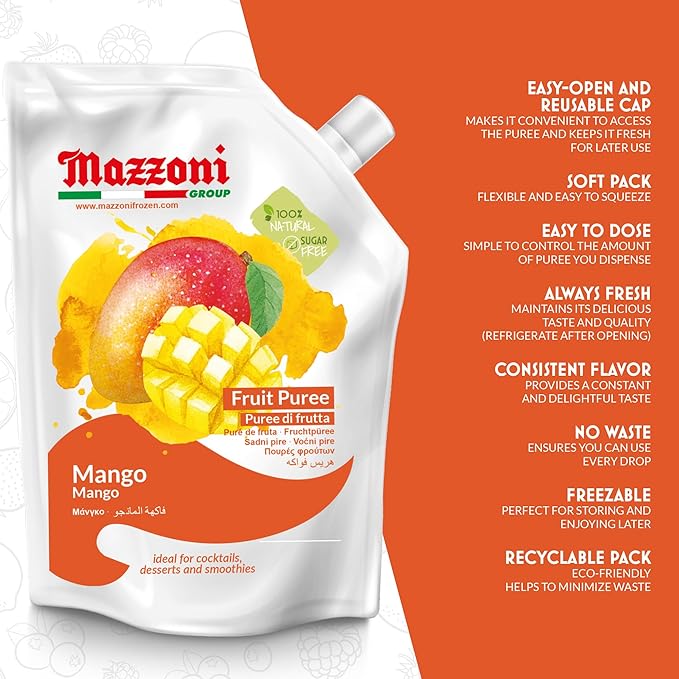 Mazzoni - Mango Puree Juice 100% Pure Mango Lassi Just Fruit Nectar No Sugar Added 2.2 lbs (35.2 oz) Real Fruit Mixer for Cocktails Drinks Smoothies Convenient Pouch Made in Italy