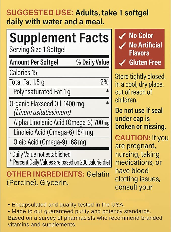 Nature Flaxseed Oil Capsules 1400mg (300 Softgels) | Plant-Based Omega-3 ALA | Bundle with Essential Vitamins Guide by R&ampC Store