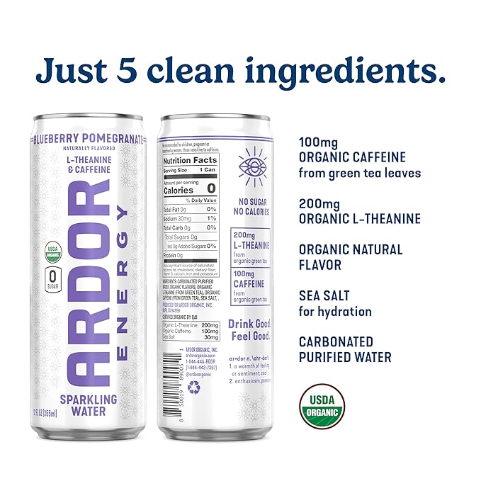 ARDOR ENERGY Sparkling Water with 100mg Natural Caffeine &amp 200mg L-Theanine from Organic Green Tea for Smooth Energy &amp Focus | Healthy Energy Drink | No Sugar Zero Calories Vegan Gluten-Fre